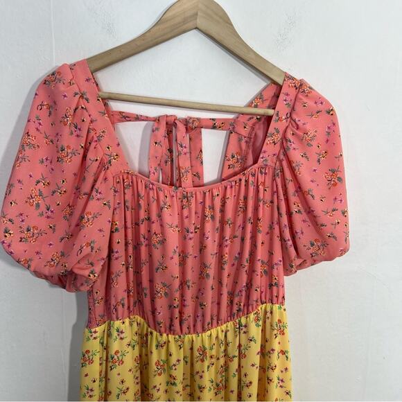 COLOR ME COURTNEY Yellow Pink Ditsy Flower Printed Cece Maxi Dress Size 10 - Picture 7 of 16